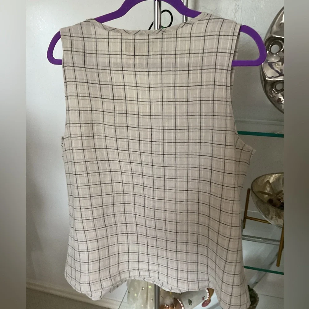 Flax Cream Plaid Linen Sleeveless Top - Picture 3 of 3